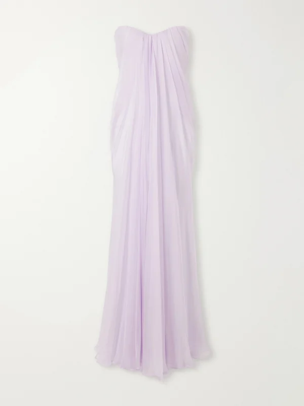 Alexander McQueen Strapless Draped Silk Bustier Maxi Dress