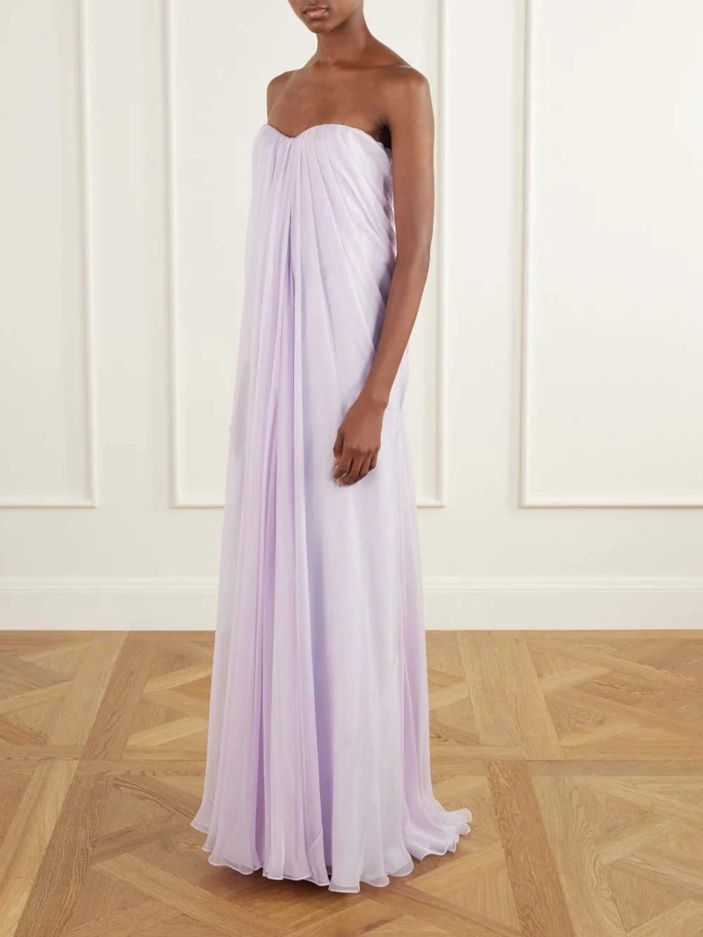 Alexander McQueen Strapless Draped Silk Bustier Maxi Dress, worn by a model