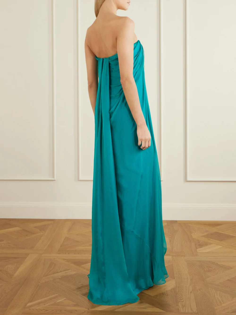 Back view of the Alexander McQueen Strapless Draped Silk-chiffon Bustier Gown