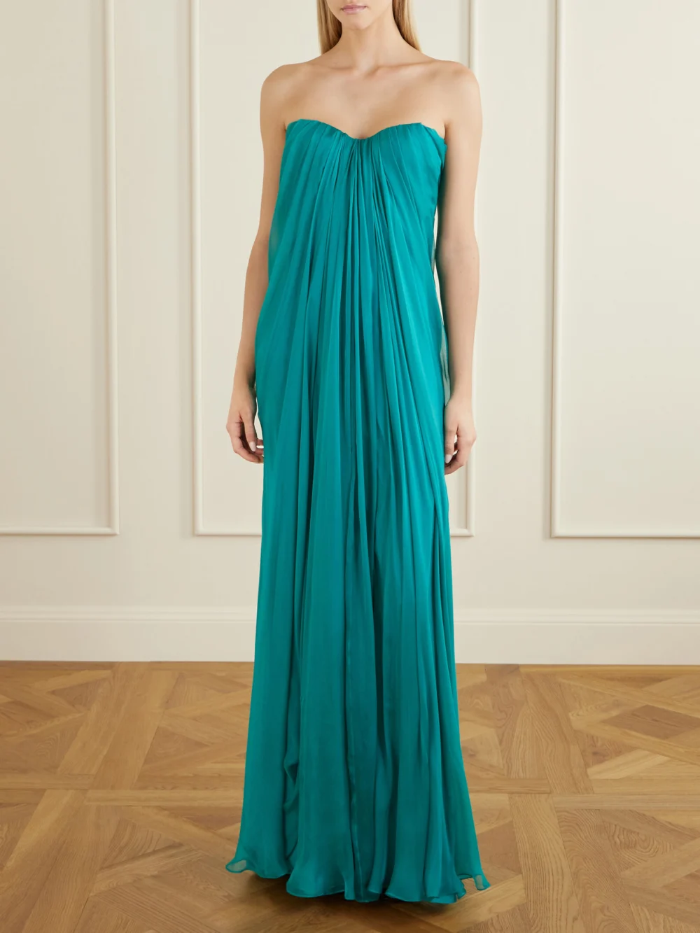 Alexander McQueen Strapless Draped Silk-chiffon Bustier Gown, worn by a model