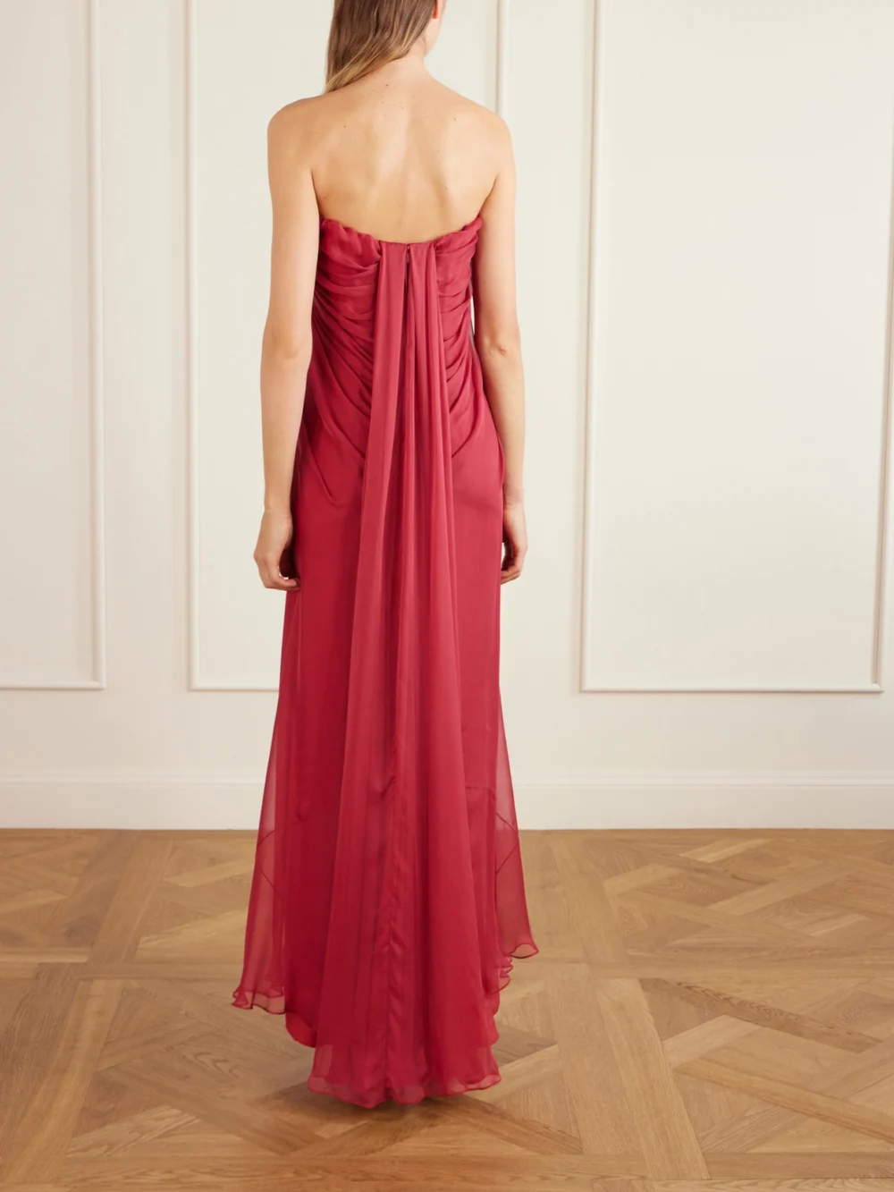 Back view of the Alexander McQueen Strapless Draped Silk-chiffon Bustier Gown