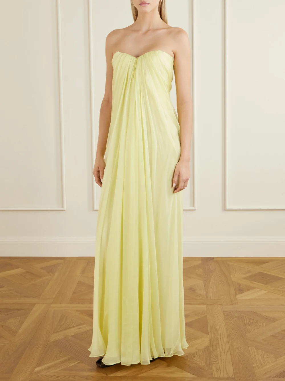 Alexander McQueen Strapless Draped Silk-chiffon Bustier Gown, worn by a model