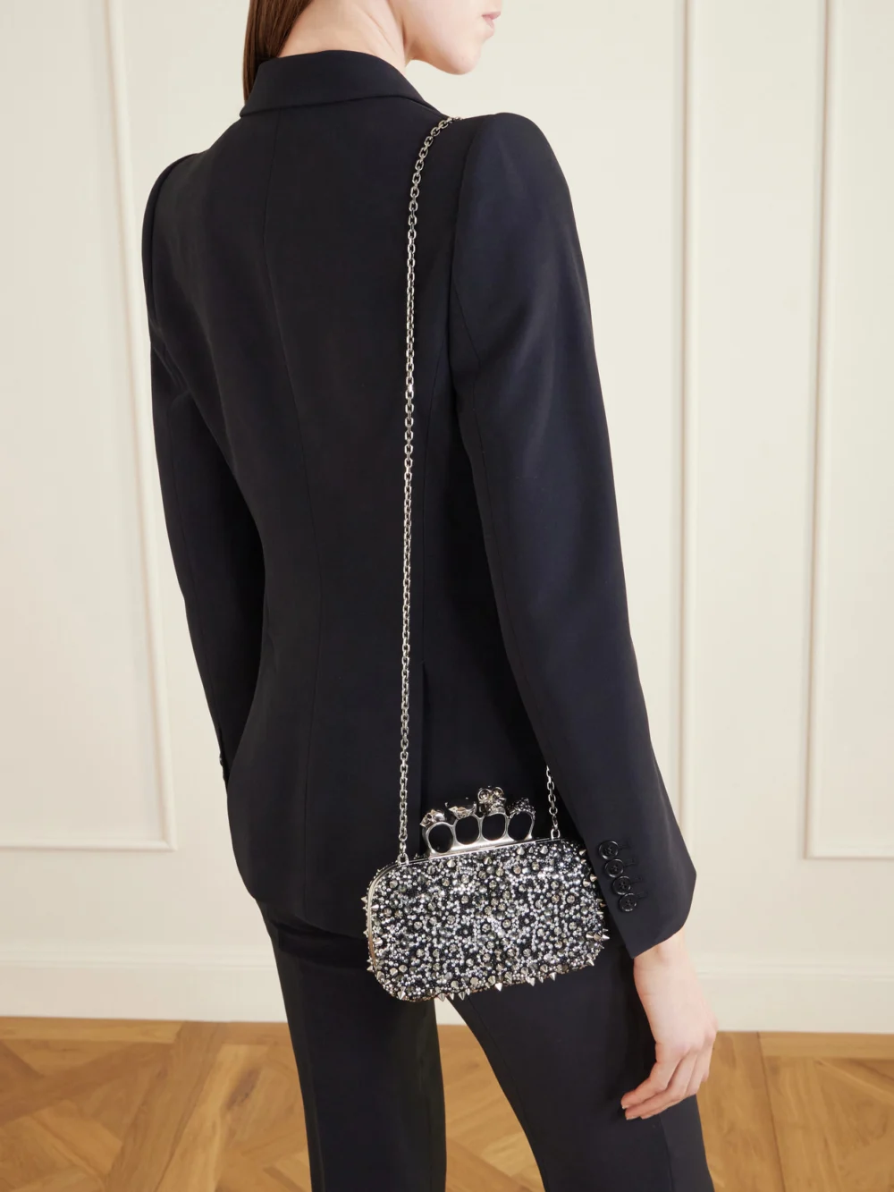 Alexander McQueen Studded Crystal-embellished Satin Clutch, styled view
