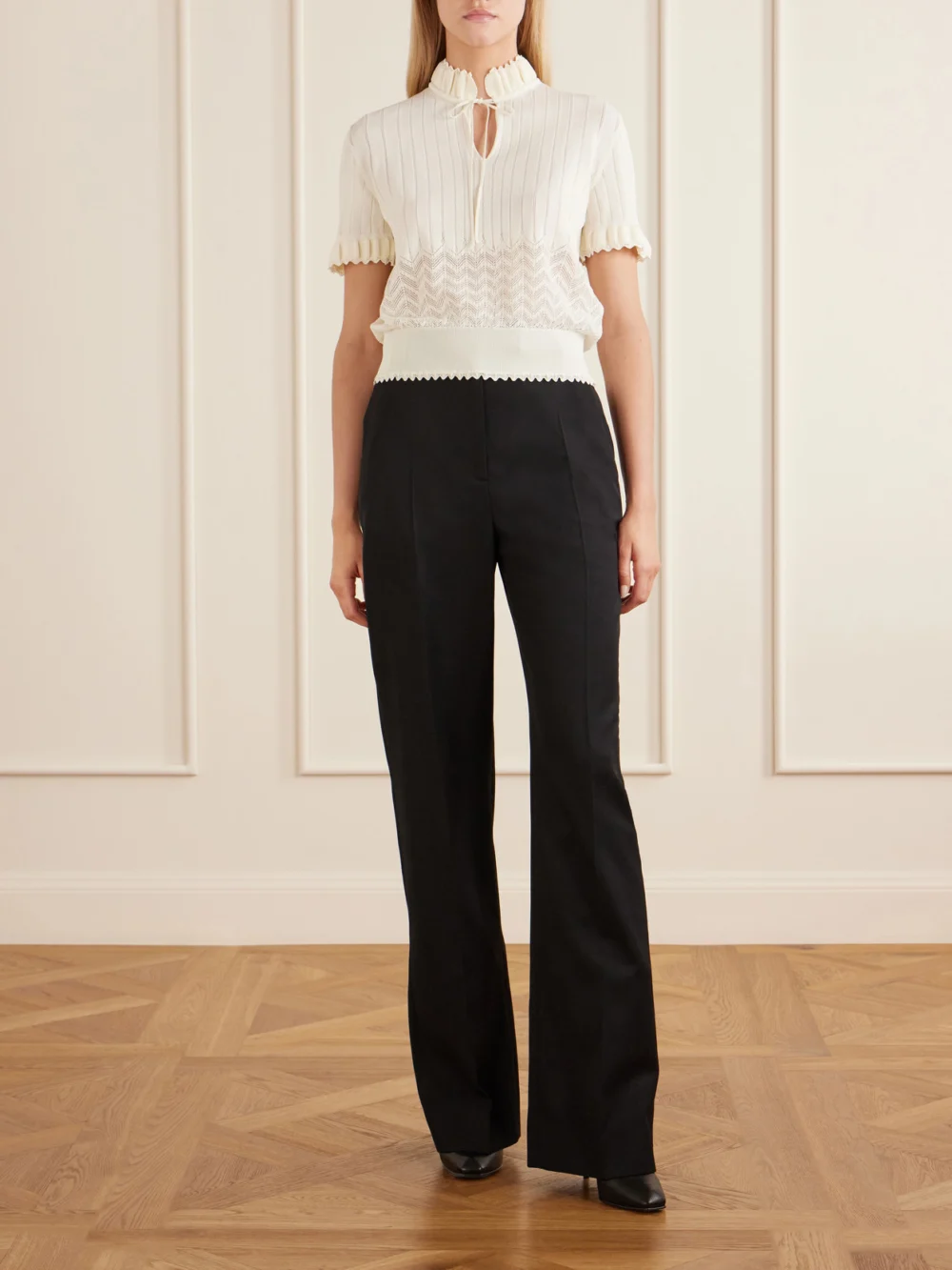Alexander McQueen Tie-detailed Crocheted Polo Shirt, worn by a model