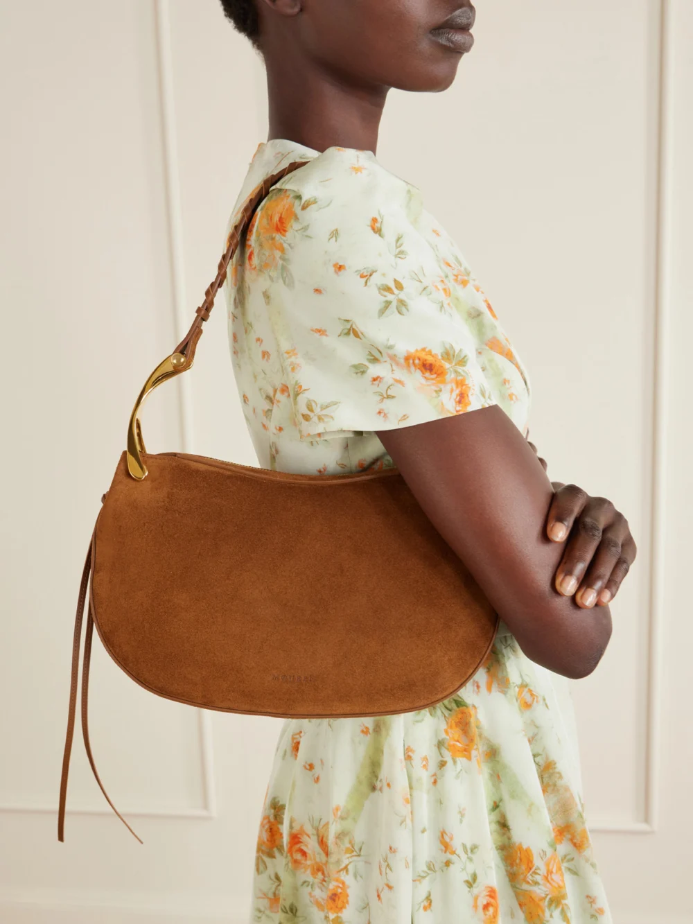 Alexander McQueen Wishbone Leather-trimmed Suede Shoulder Bag, styled view