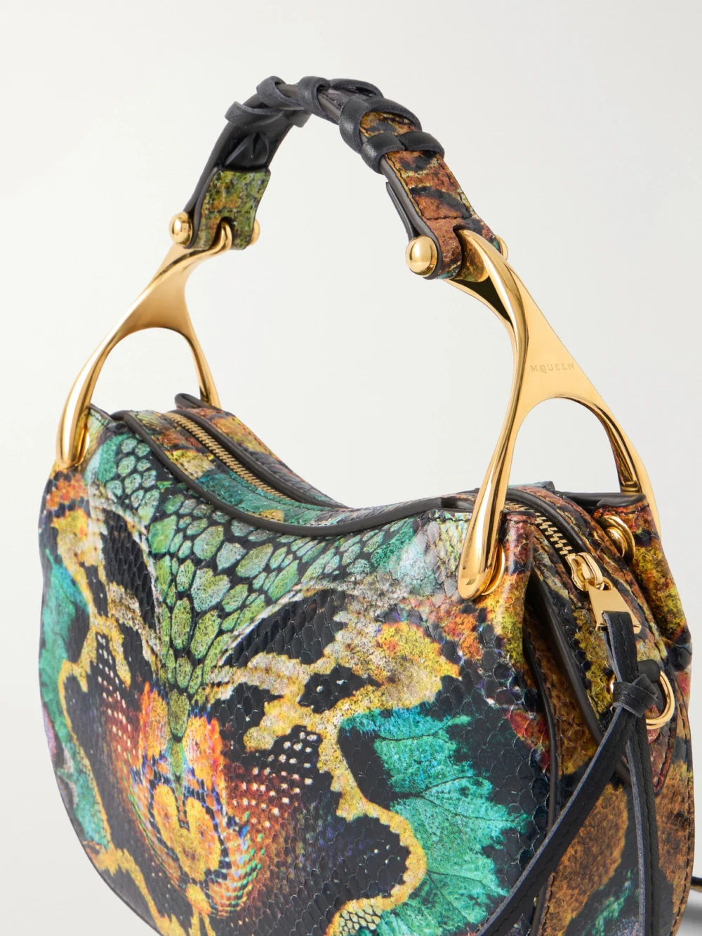 Close-up detail of the Alexander McQueen Wishbone Mini Snake-effect Leather Shoulder Bag