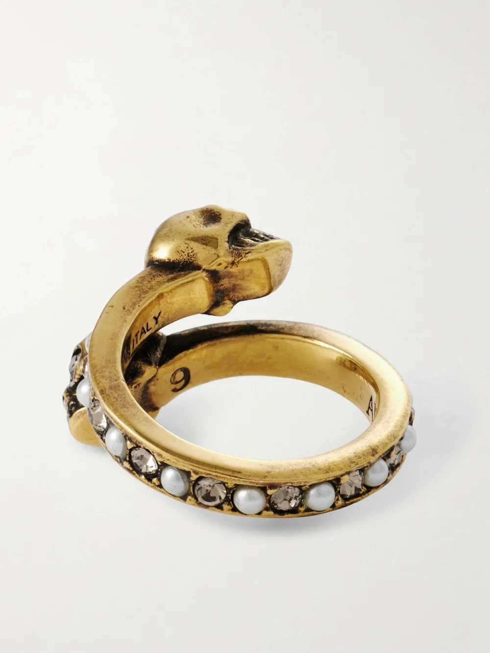 Back view of the Alexander McQueen Wrapped Skull Gold-tone, Crystal and Faux Pearl Ring