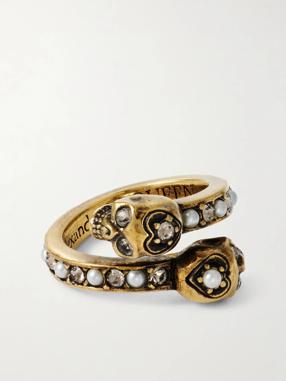 Alexander McQueen Wrapped Skull Gold-tone, Crystal and Faux Pearl Ring in 15
