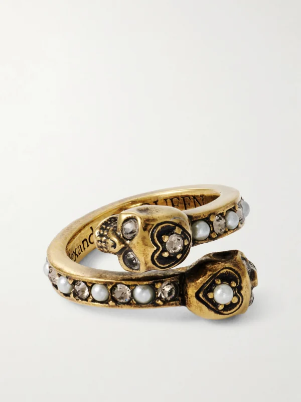 Alexander McQueen Wrapped Skull Gold-tone, Crystal and Faux Pearl Ring
