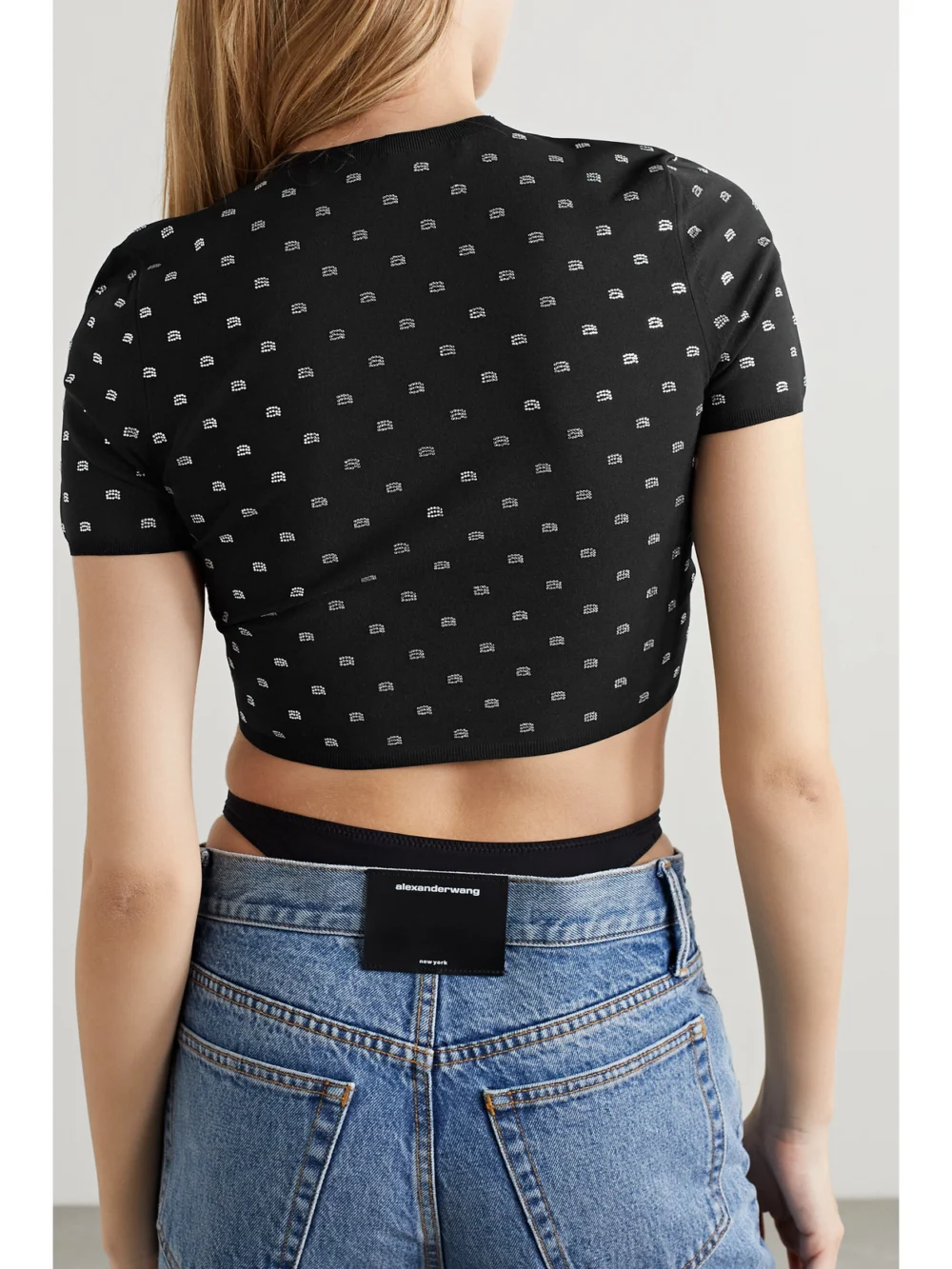 Back view of the Alexander Wang Cropped Crystal-embellished Stretch-jersey T-shirt