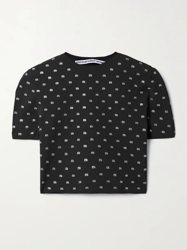 Alexander Wang Cropped Crystal-embellished Stretch-jersey T-shirt