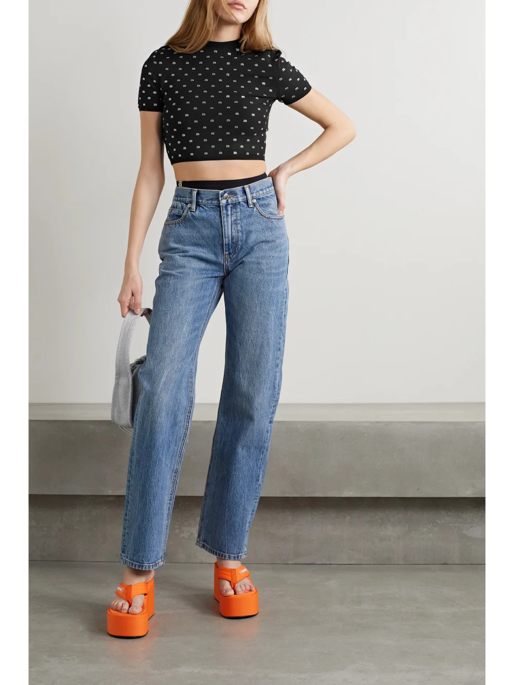 Alexander Wang Cropped Crystal-embellished Stretch-jersey T-shirt, worn by a model