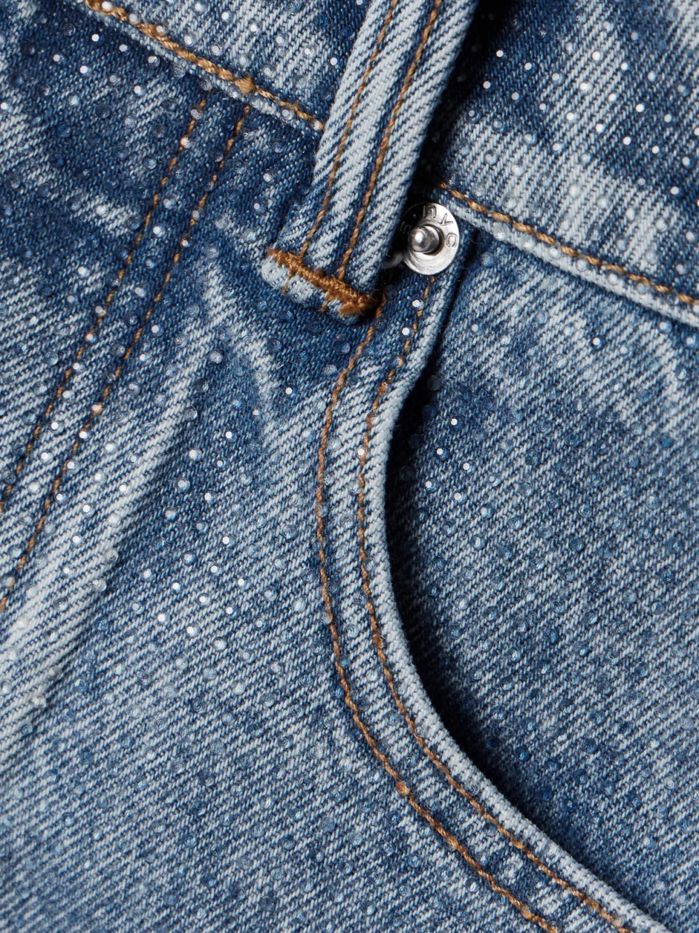Close-up detail of the Alexander Wang Crystal-embellished Denim Mini Skirt