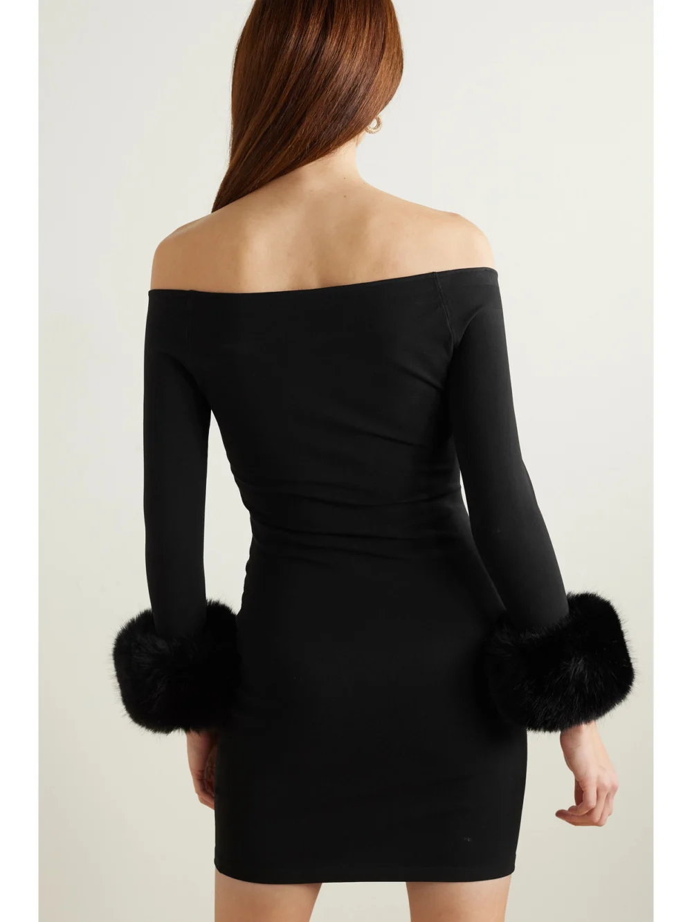 Back view of the Alexander Wang Off-the-shoulder Faux Fur-trimmed Stretch-jersey Mini Dress