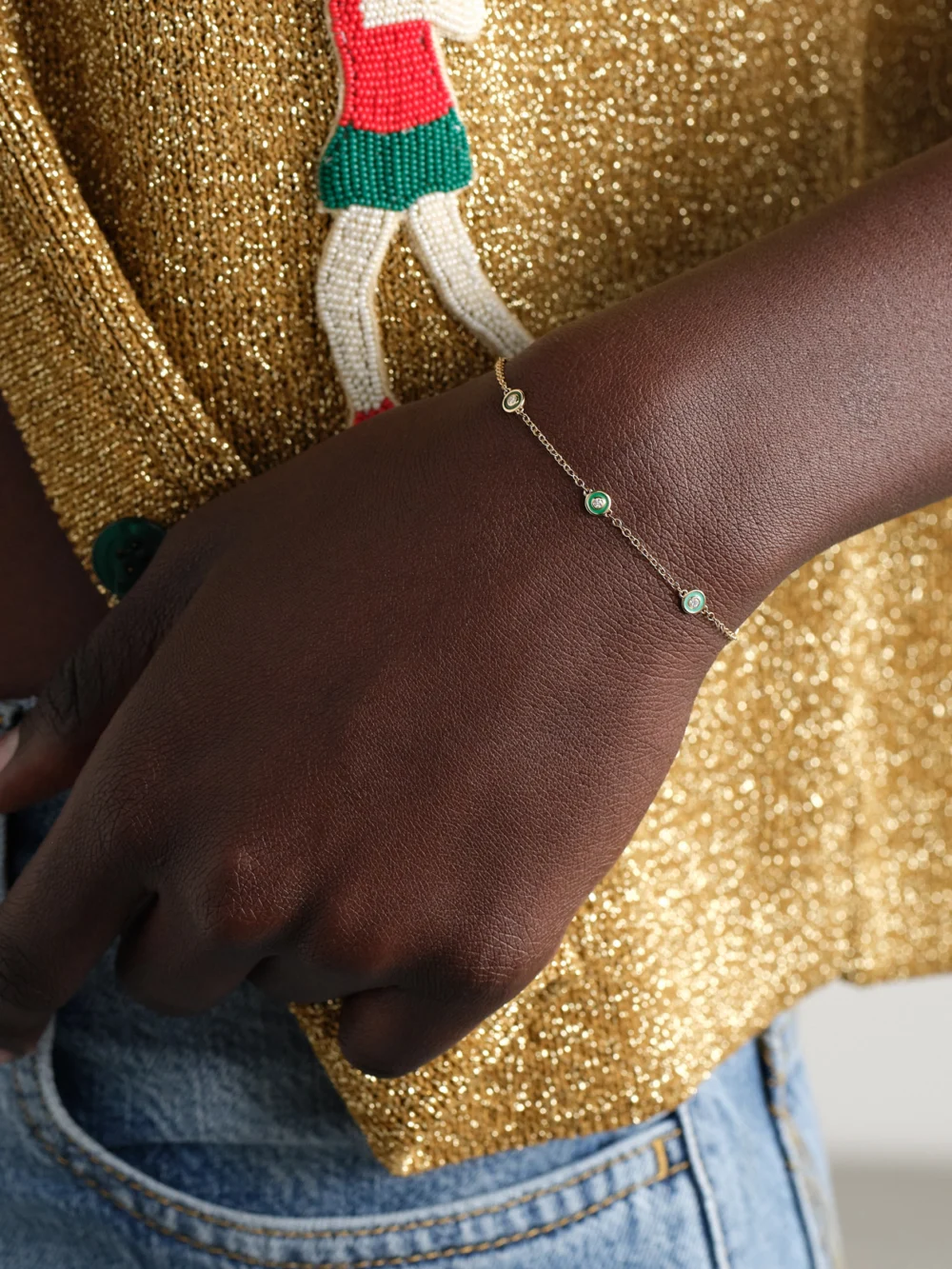 Alison Lou Bezel By the Yard 14-karat Gold, Enamel and Diamond Bracelet, styled view