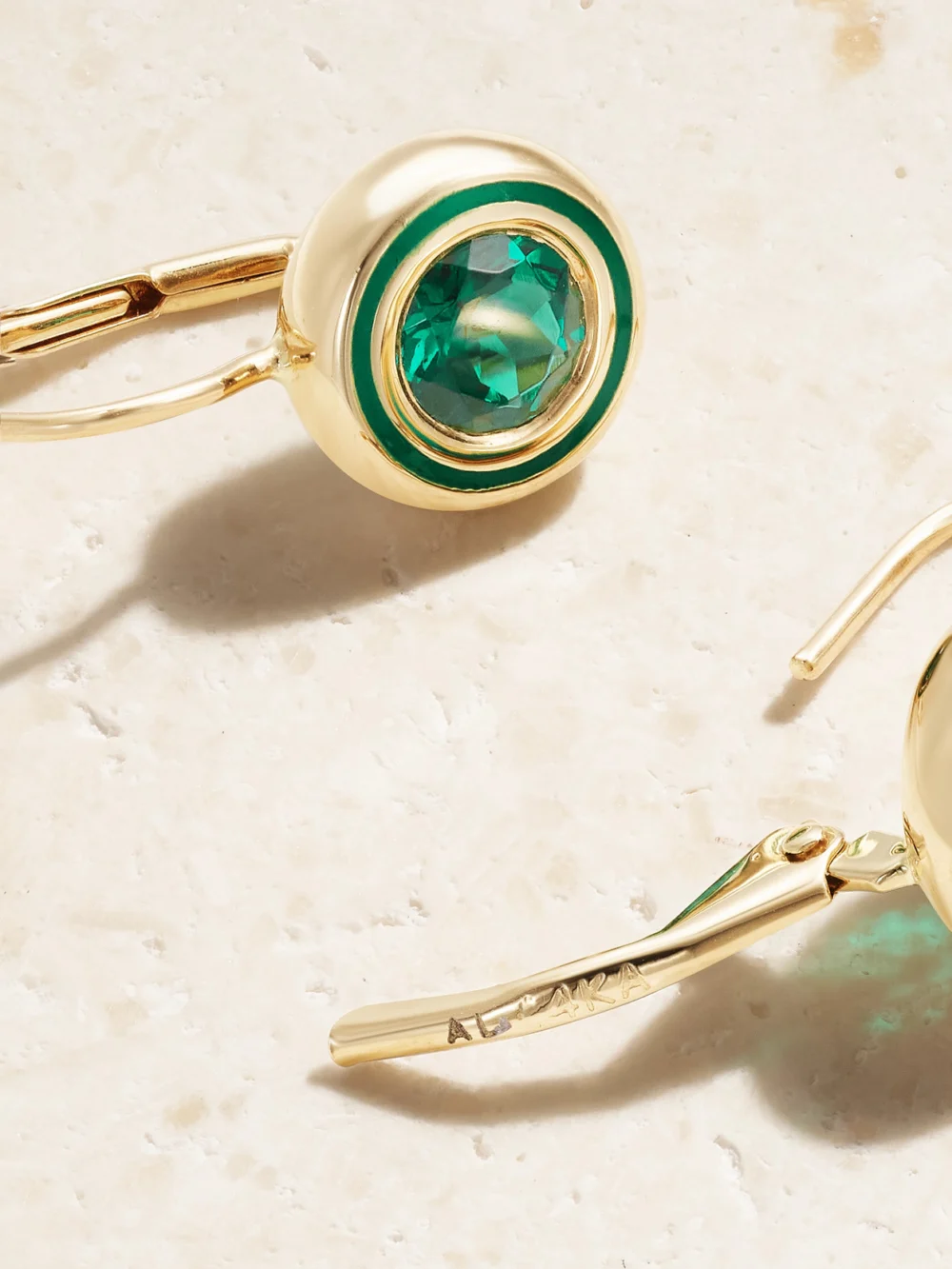 Back view of the Alison Lou Cocktail 14-karat Gold, Labroatory-grown Emerald and Enamel Earrings
