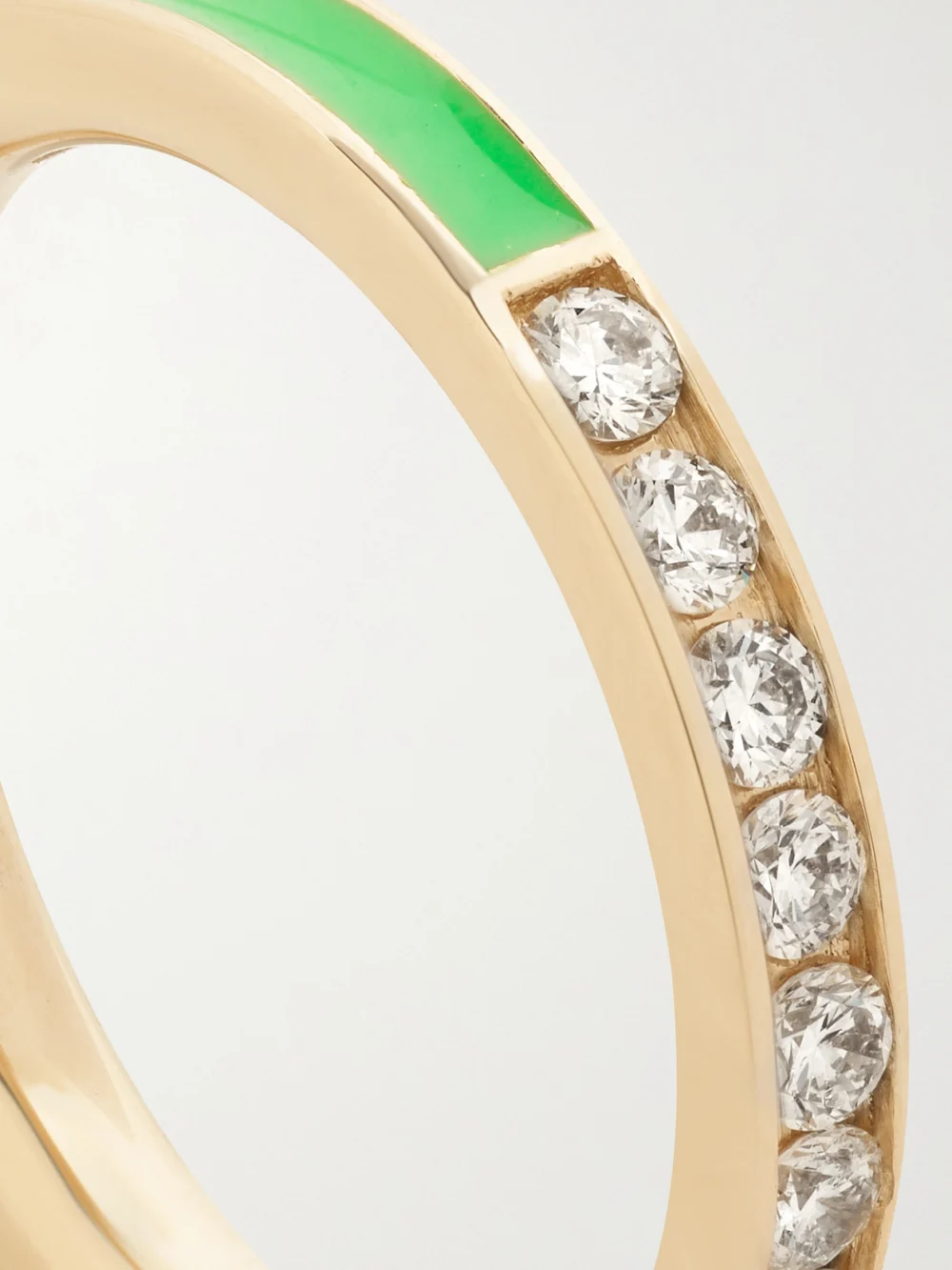Close-up detail of the Alison Lou Linear 14-karat Gold, Diamond and Enamel Ring
