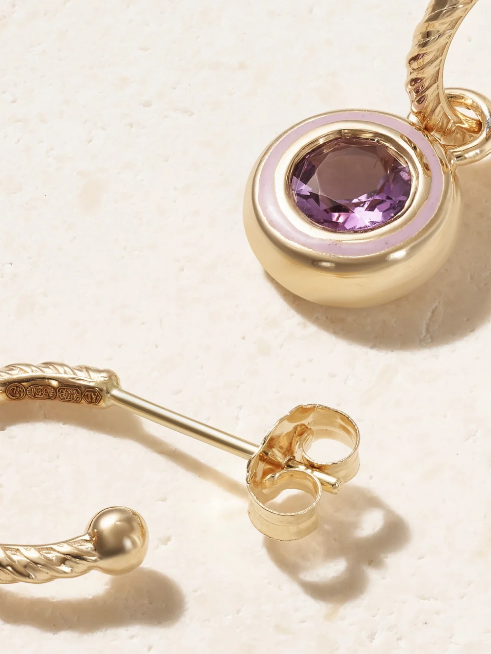 Back view of the Alison Lou Madison 14-karat Gold, Laboratory-grown Amethyst and Enamel Earrings