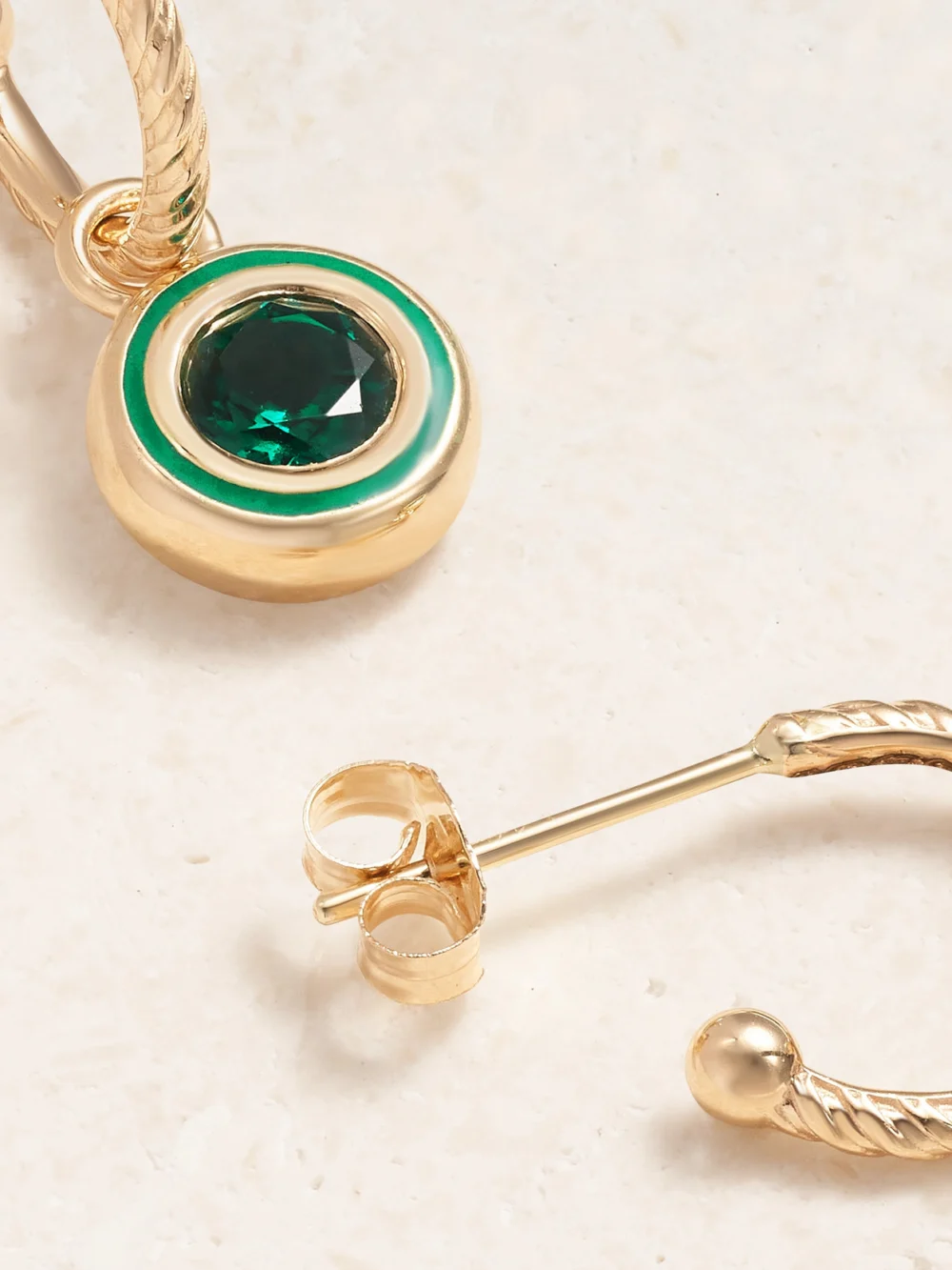 Back view of the Alison Lou Madison 14-karat Gold, Laboratory-grown Emerald and Enamel Earrings