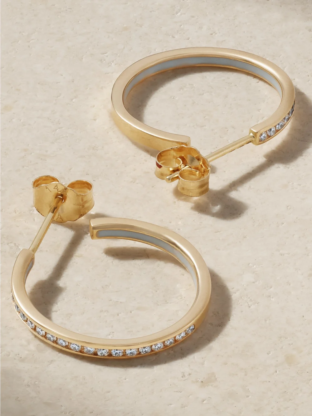 Back view of the Alison Lou Small Linear 14-karat Gold, Diamond and Enamel Hoop Earrings
