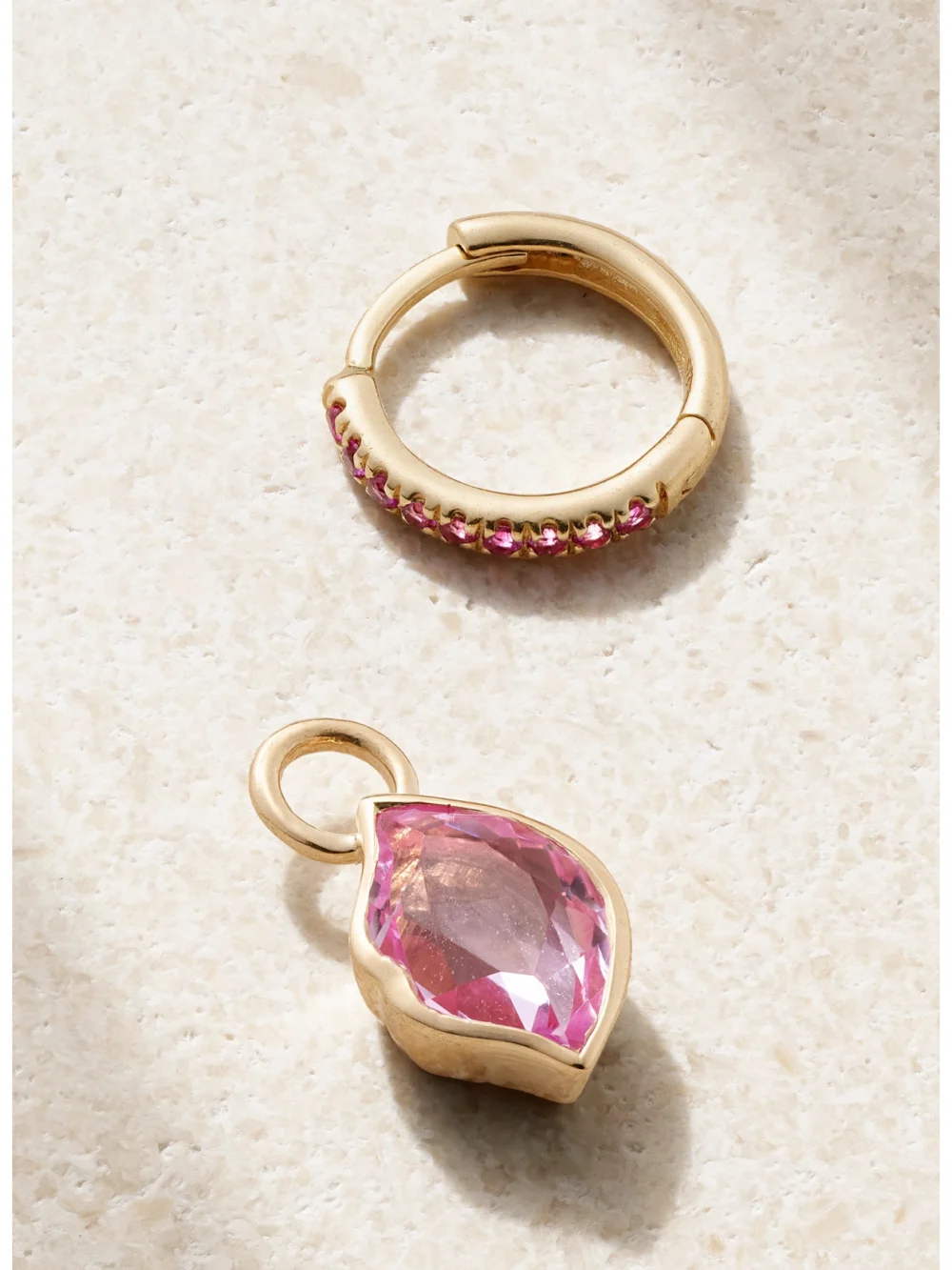 Close-up detail of the Alison Lou Smooch 14-karat Gold, Sapphire and Laboratory-grown Sapphire Single Hoop Earring