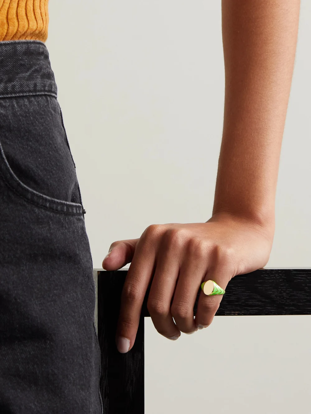 Alison Lou Stripe 14-karat Gold and Enamel Ring, styled view