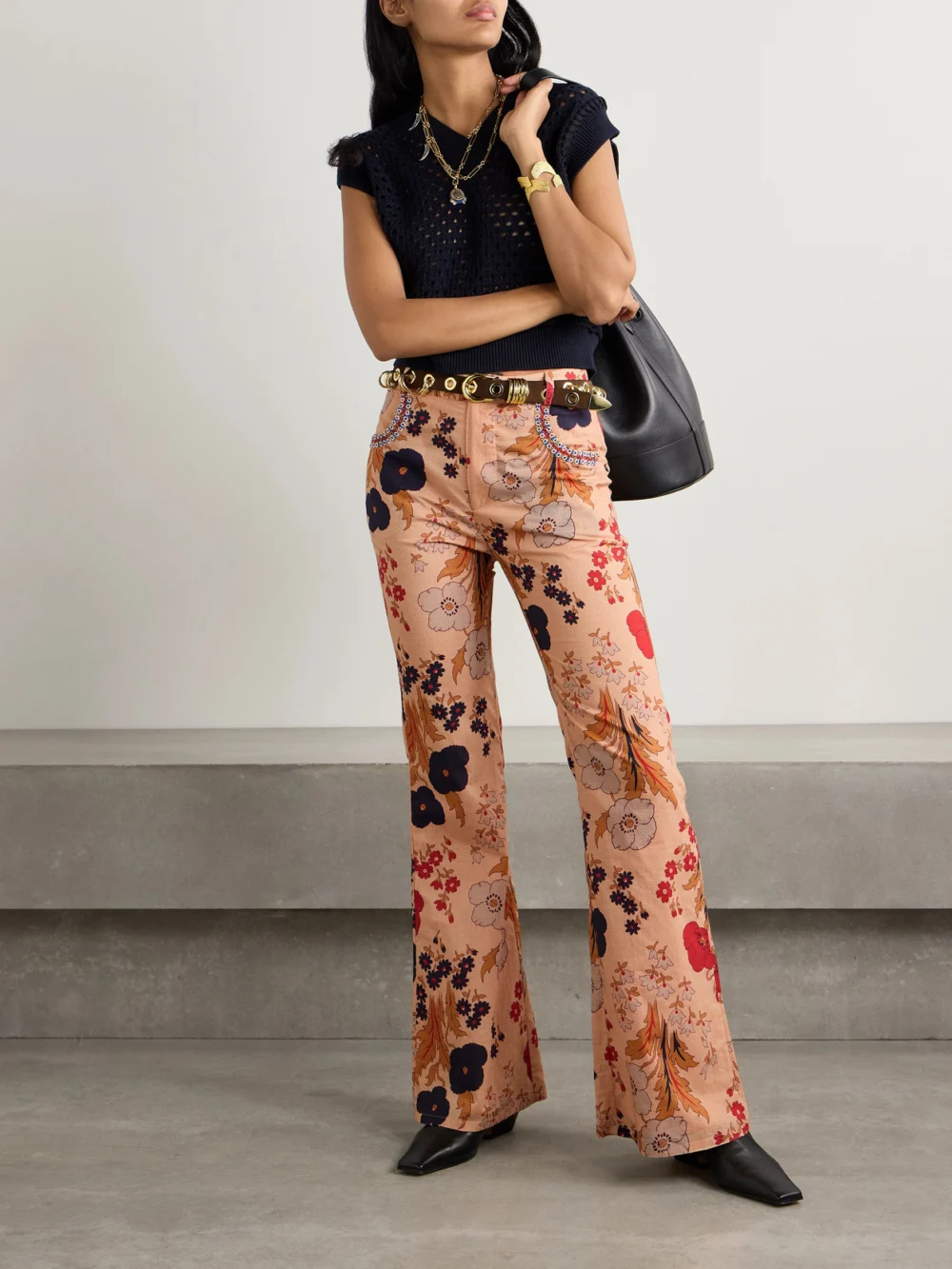 Alix Of Bohemia Bunny Bead-embellished Floral-print Cotton-voile Flared Pants, worn by a model