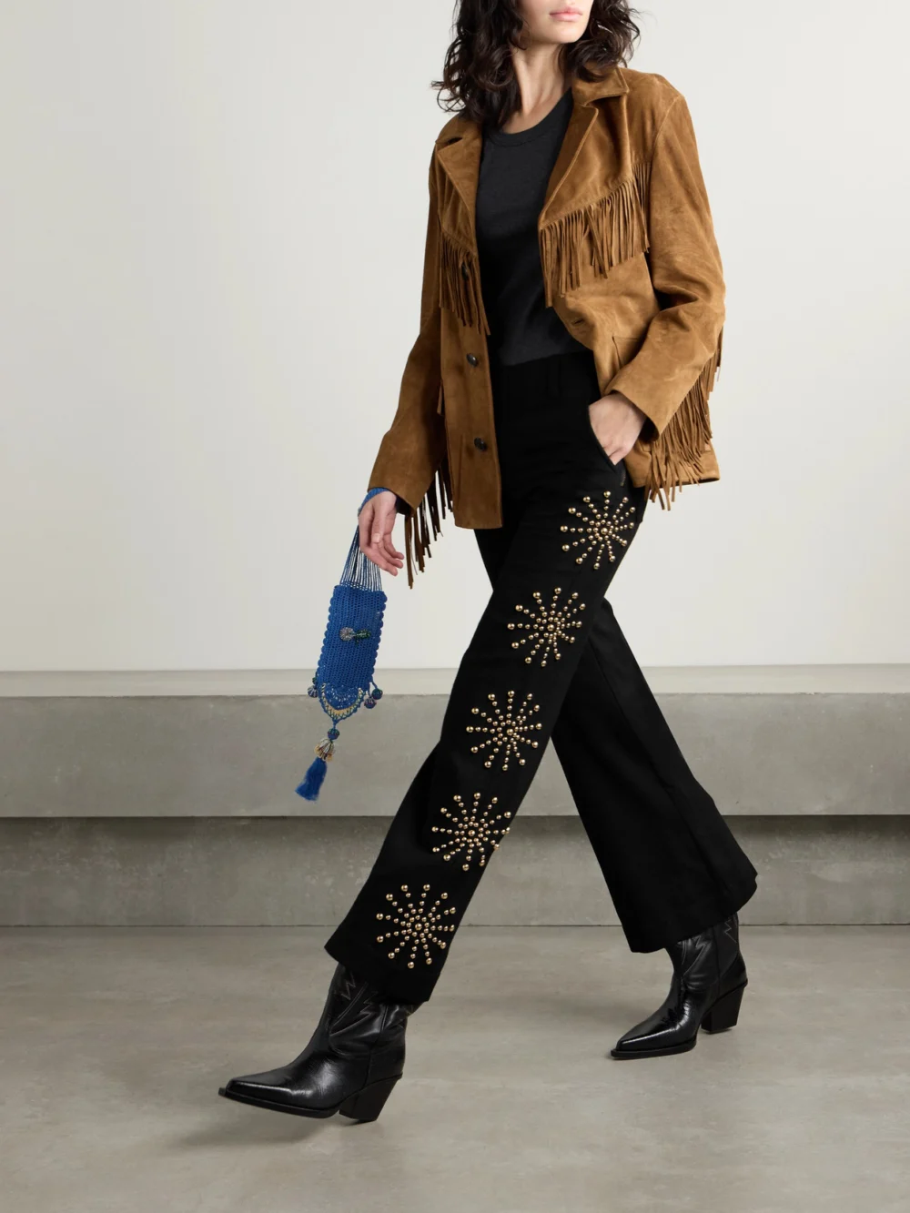 Alix Of Bohemia Charlie Casino Studded Wool-twill Flared Pants, worn by a model