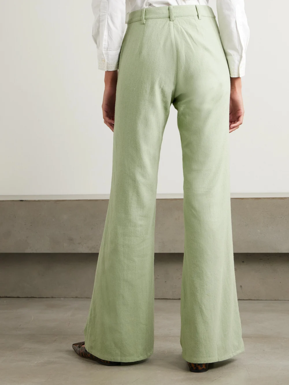 Back view of the Alix Of Bohemia Charlie Embroidered Slubbed Silk Flared Pants