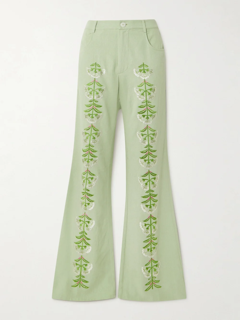 Alix Of Bohemia Charlie Embroidered Slubbed Silk Flared Pants in green