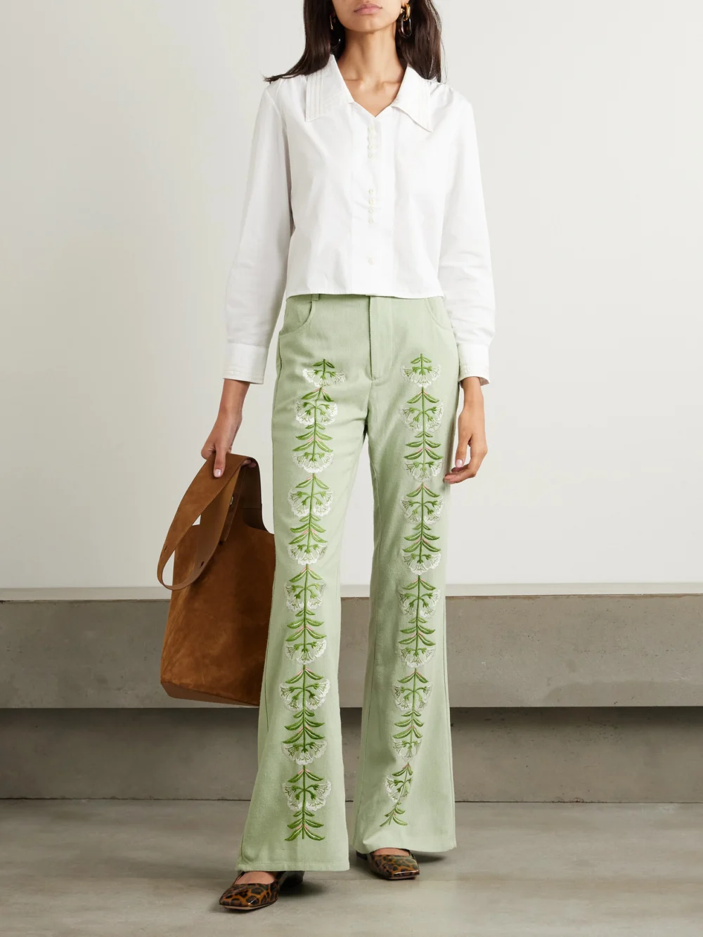 Alix Of Bohemia Charlie Embroidered Slubbed Silk Flared Pants, worn by a model