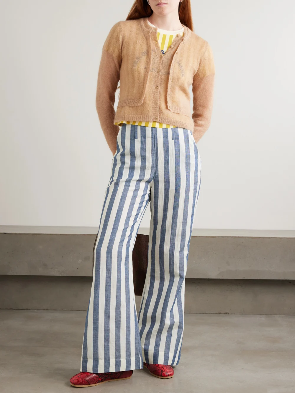 Alix Of Bohemia Charlie Sailor Striped Linen and Cotton-blend Flared Pants, worn by a model