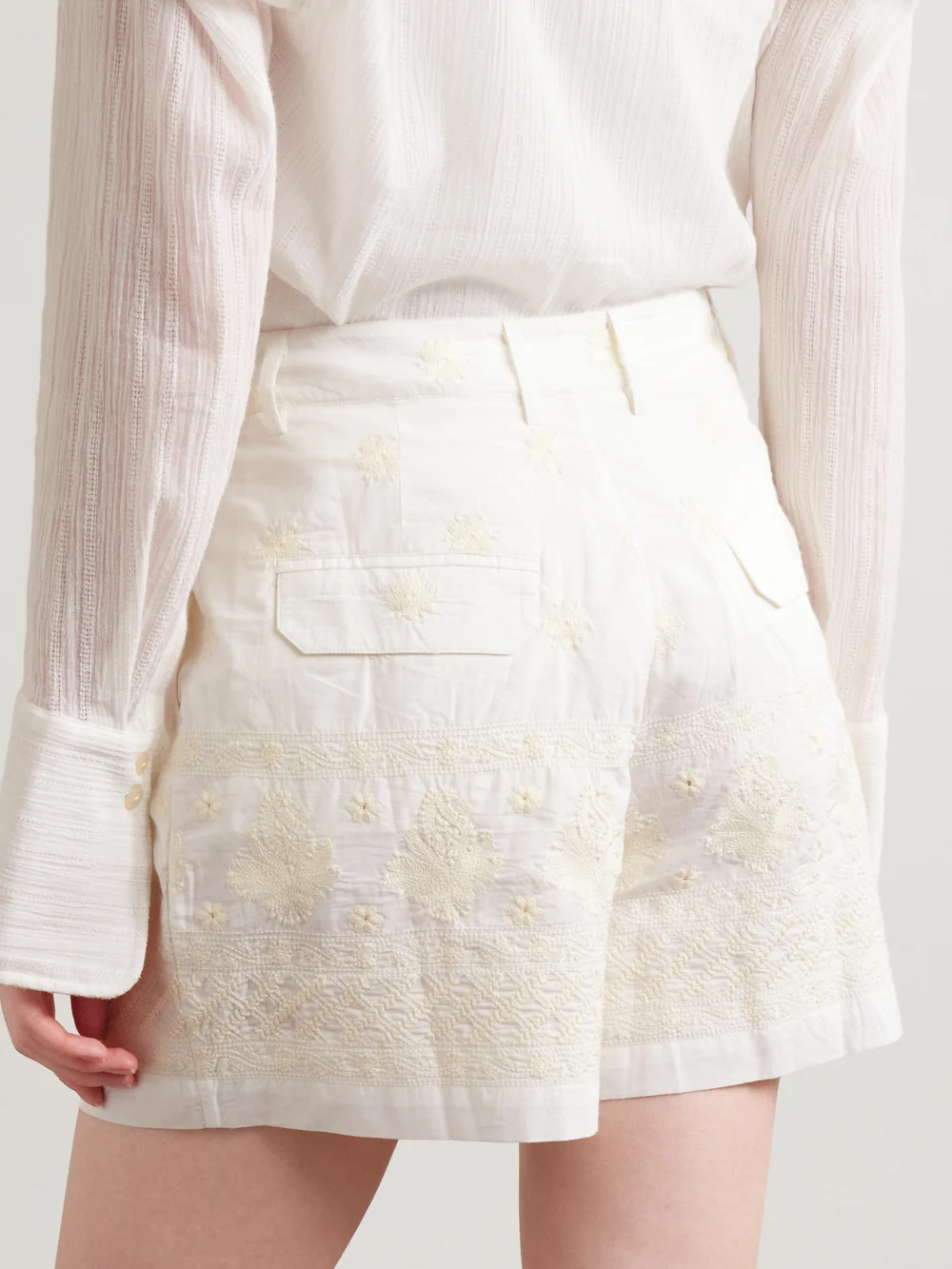 Back view of the Alix Of Bohemia Deena Pleated Embroidered Cotton-voile Shorts