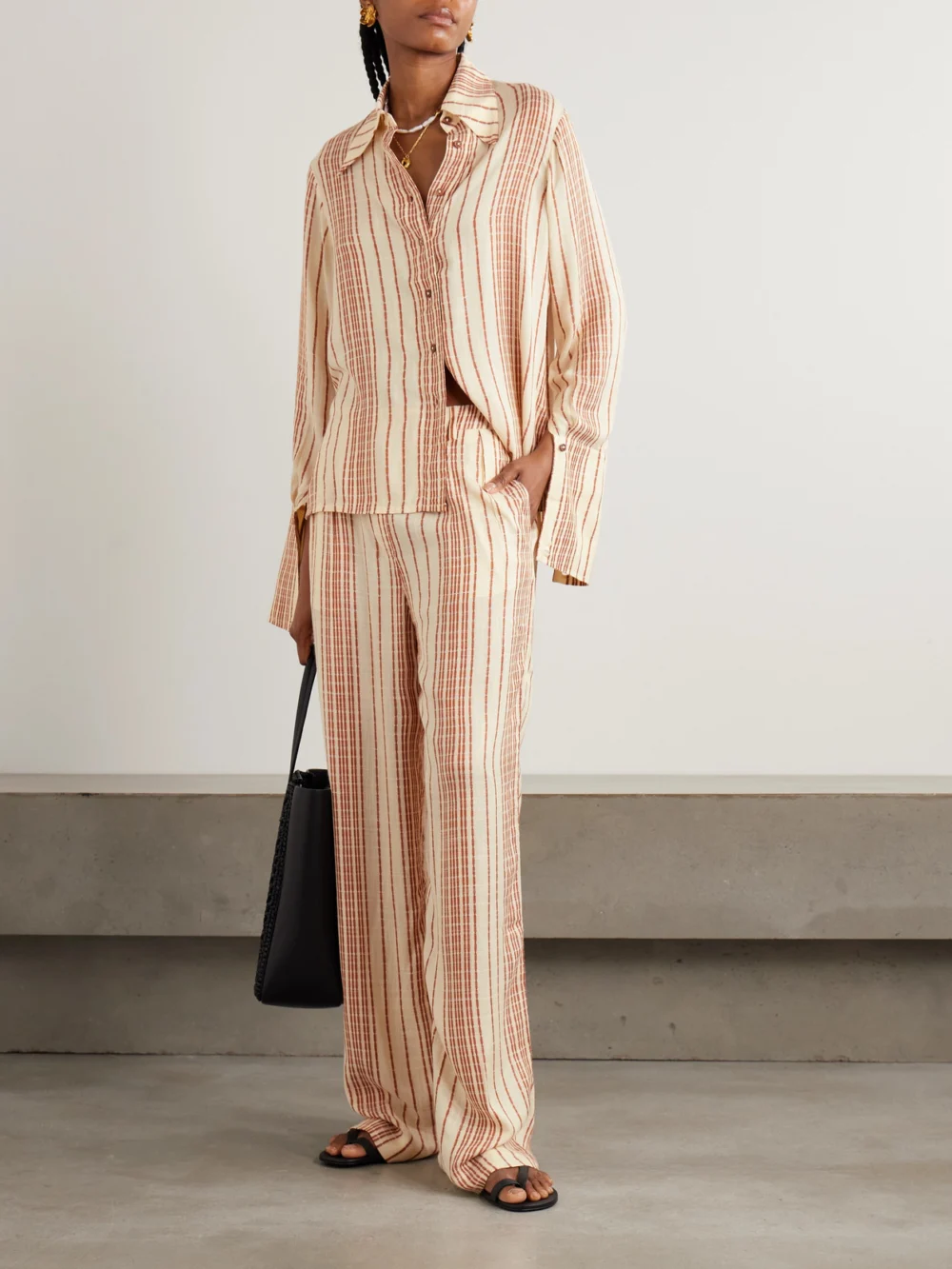 Alix Of Bohemia Diana Penny Striped Linen-jacquard Straight-leg Pants, worn by a model