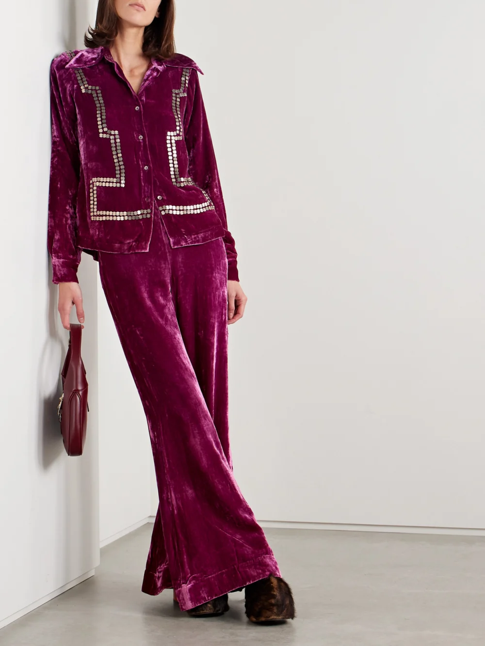 Alix Of Bohemia Dolly Embellished Crushed-velvet Shirt, worn by a model