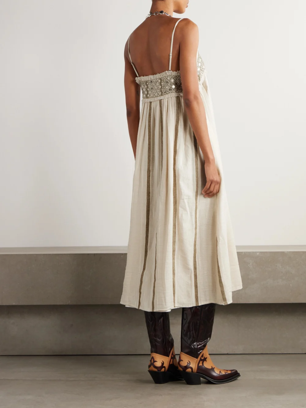 Back view of the Alix Of Bohemia Eden Frayed Embellished Striped Cotton-blend Gauze Midi Dress