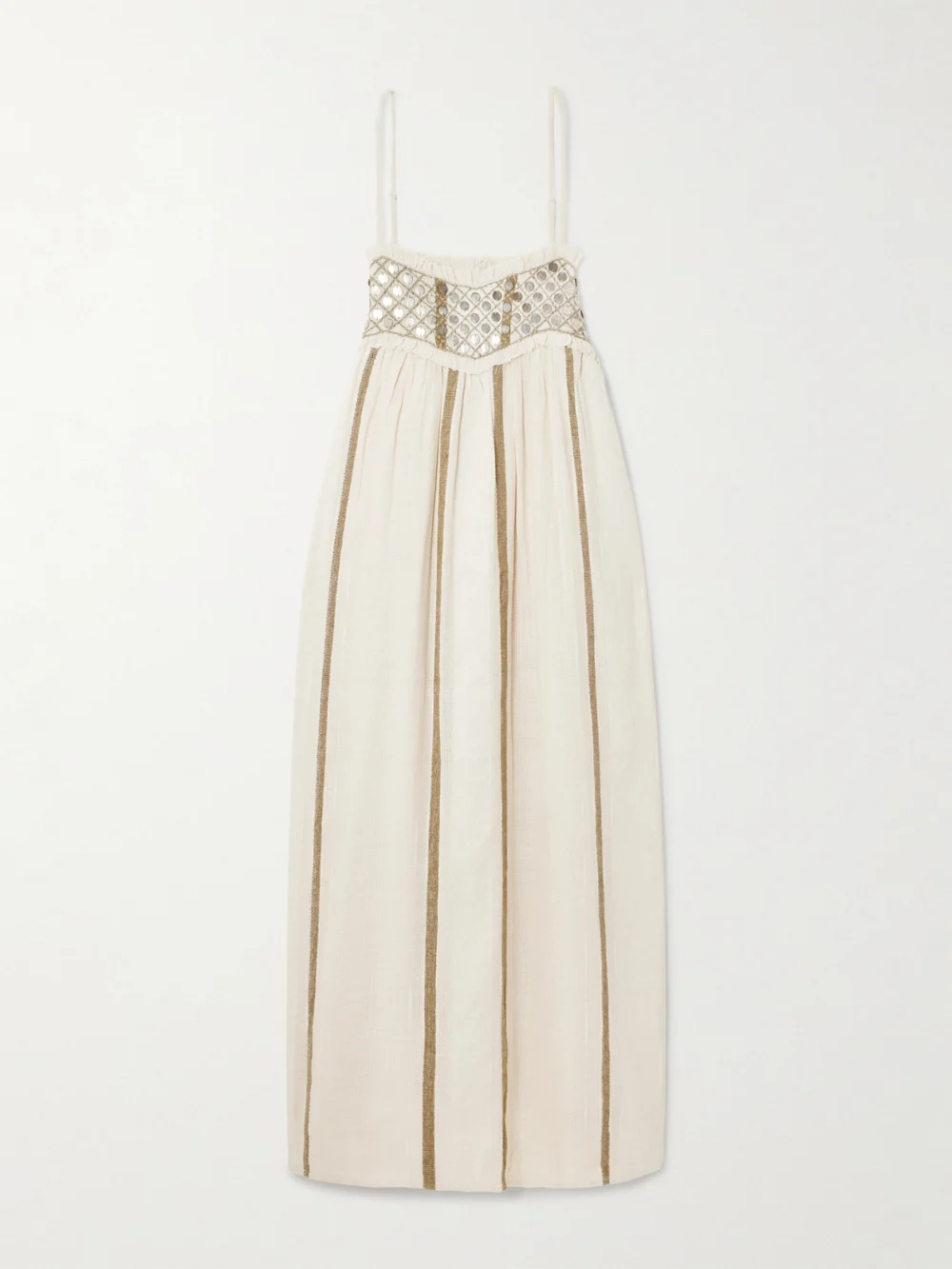 Alix Of Bohemia Eden Frayed Embellished Striped Cotton-blend Gauze Midi Dress in ecru