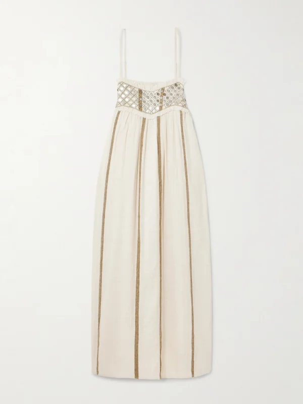 Alix Of Bohemia Eden Frayed Embellished Striped Cotton-blend Gauze Midi Dress