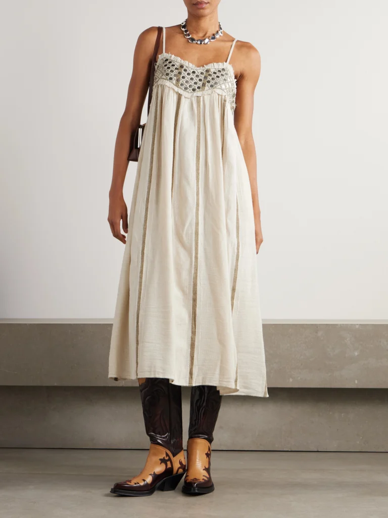 Alix Of Bohemia Eden Frayed Embellished Striped Cotton-blend Gauze Midi Dress