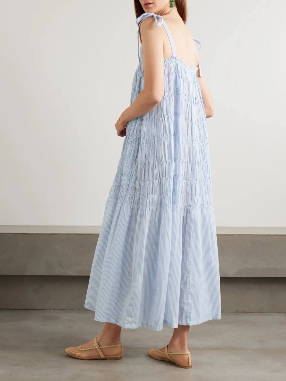 Back view of the Alix Of Bohemia Emrys Tiered Striped Cotton Dress