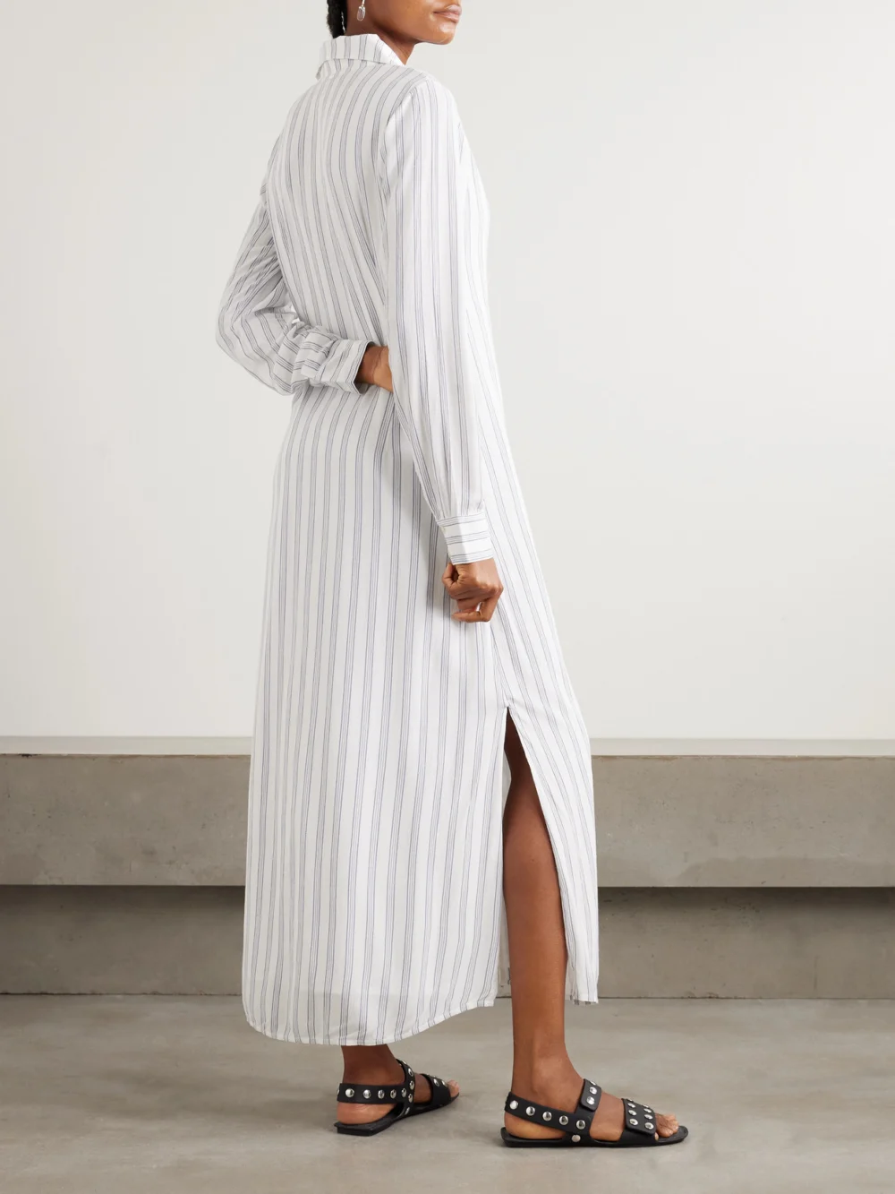 Back view of the Alix Of Bohemia Lotte Striped Crepe Maxi Shirt Dress