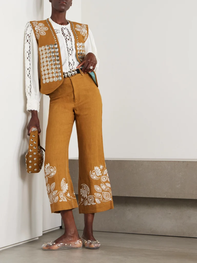 Alix Of Bohemia Paige Cropped Embroidered Linen Bootcut Pants