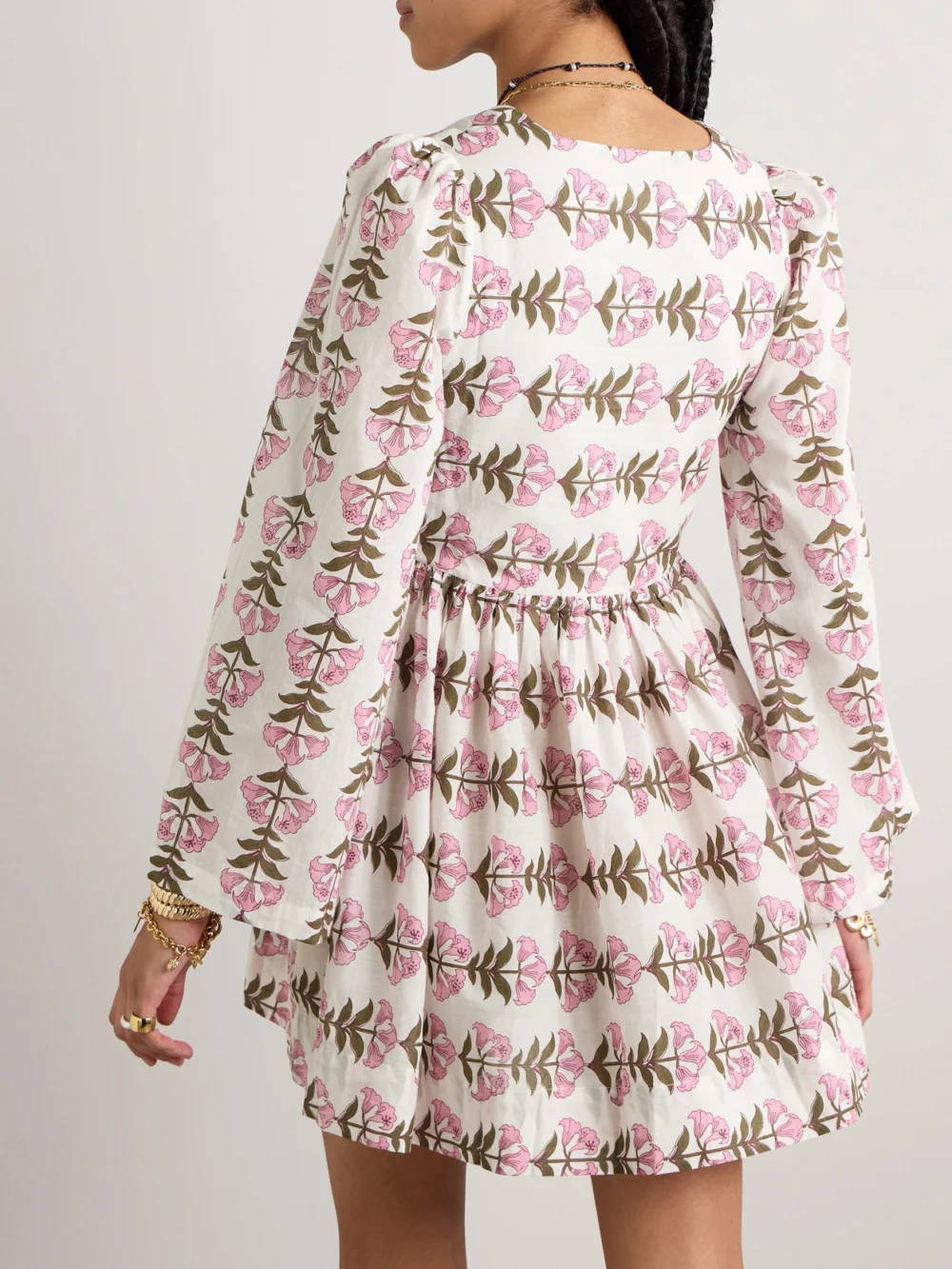 Back view of the Alix Of Bohemia Silvie Gathered Floral-print Cotton-voile Mini Dress