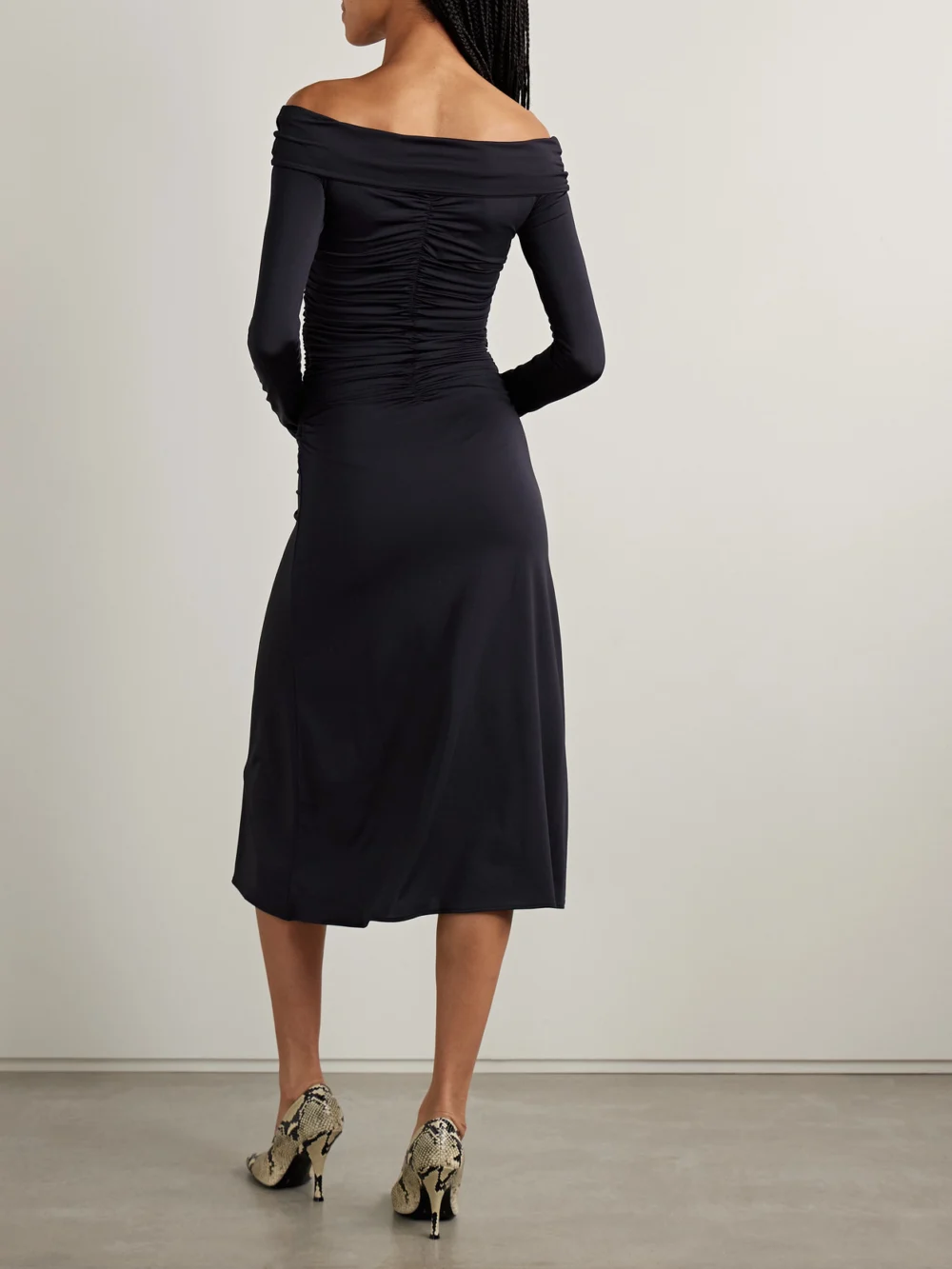 Back view of the Altuzarra Callie Ruched Stretch-jersey Midi Dress