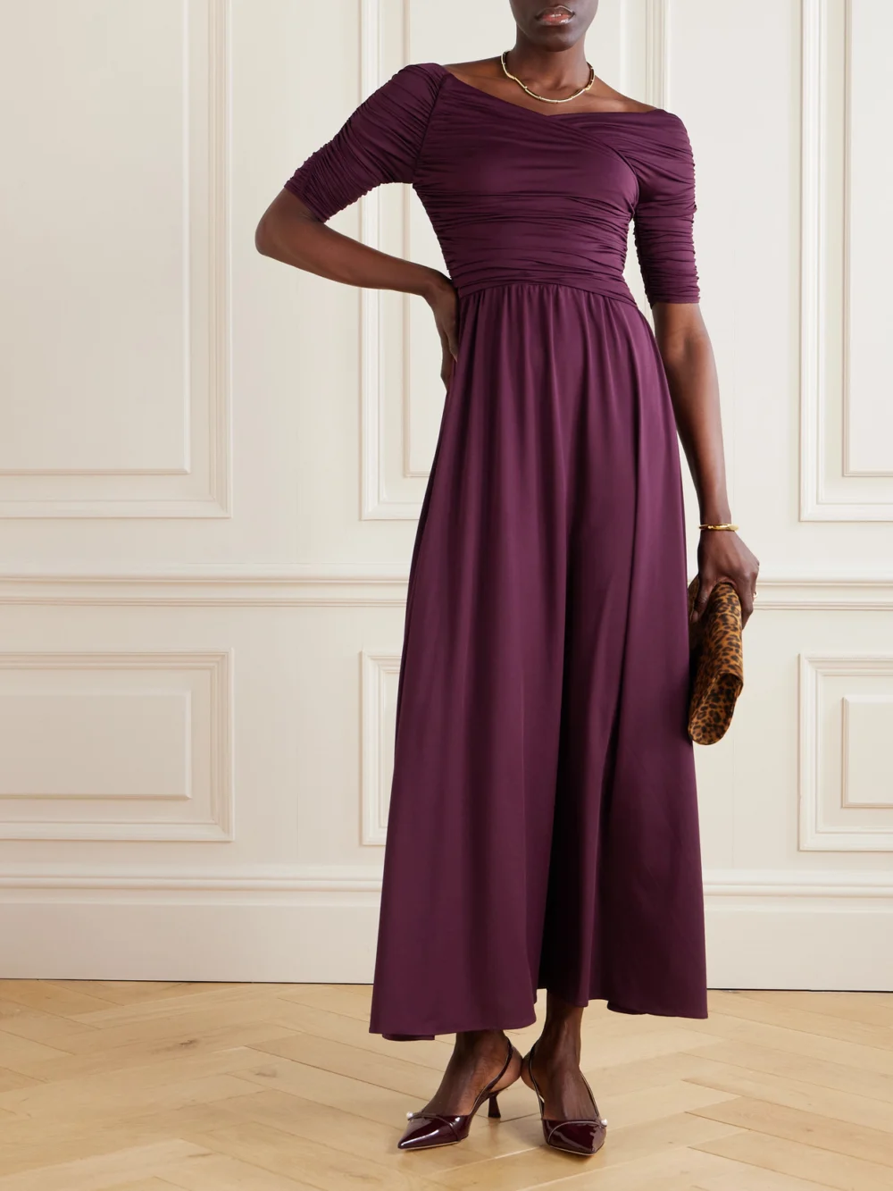 Altuzarra Char Ruched Wrap-effect Recycled Stretch-jersey Maxi Dress, worn by a model