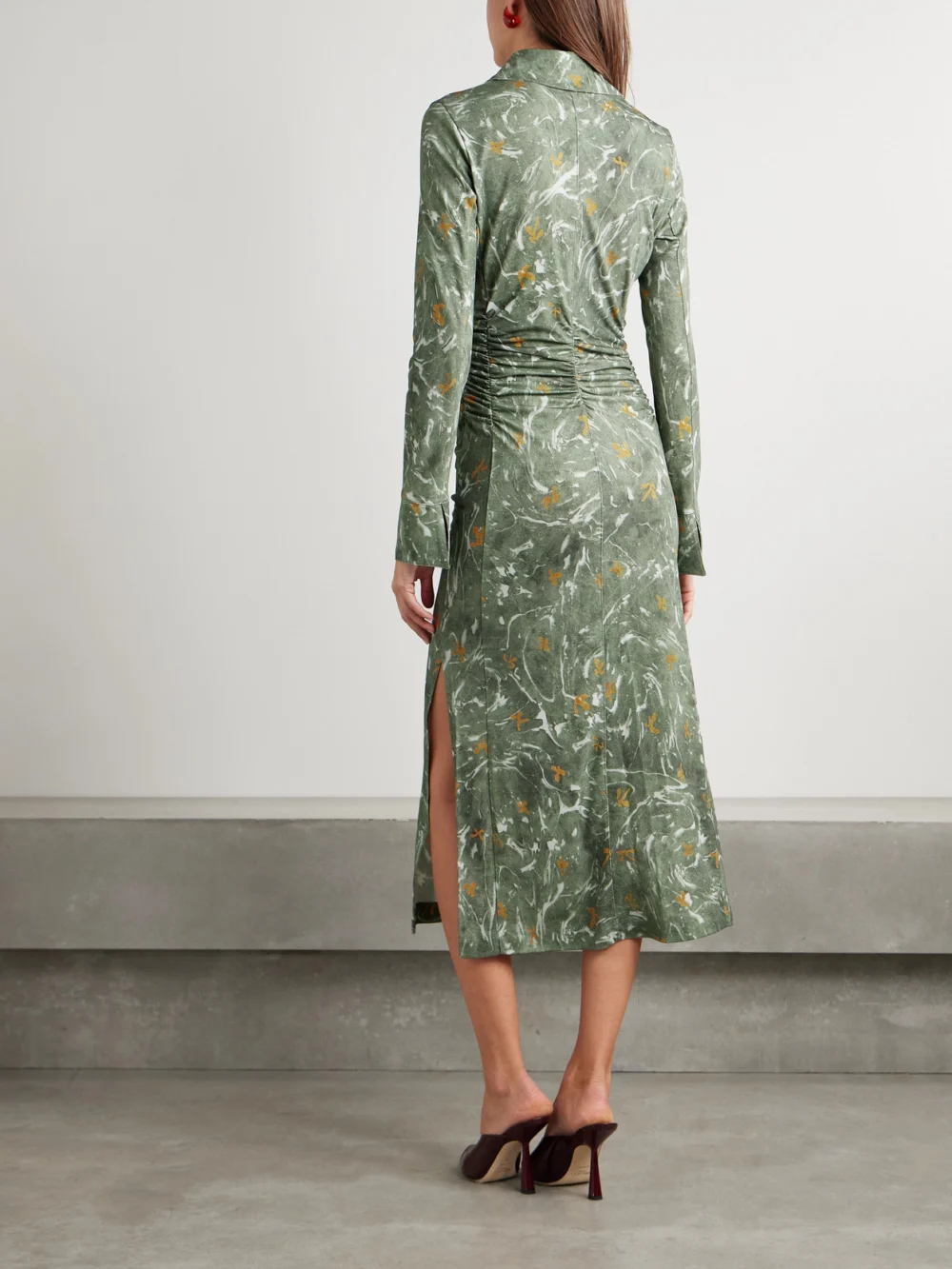 Back view of the Altuzarra Claudia Ruched Floral-print Crepe-jersey Midi Dress