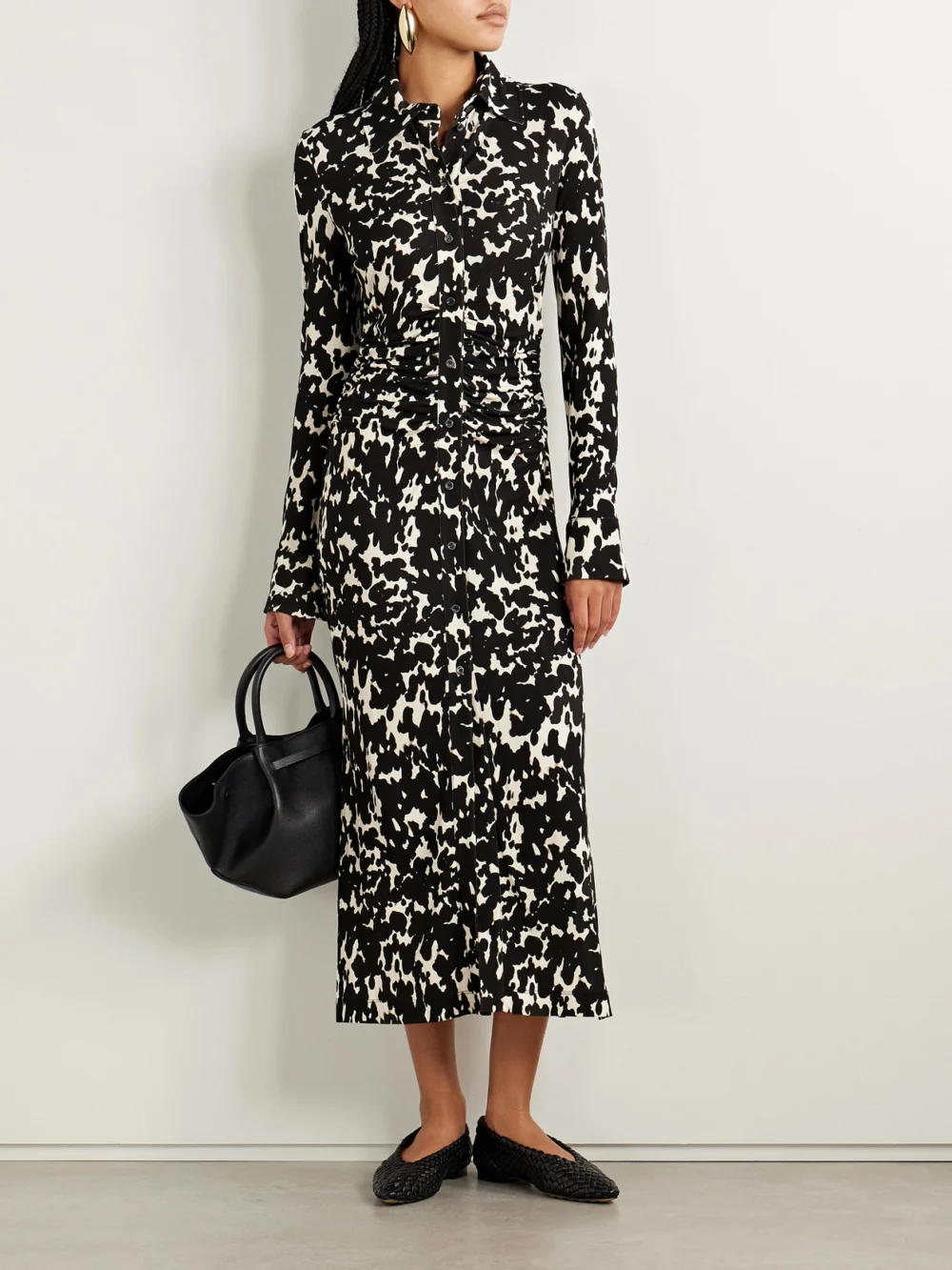 Altuzarra Claudia Ruched Printed Crepe-jersey Midi Dress, worn by a model