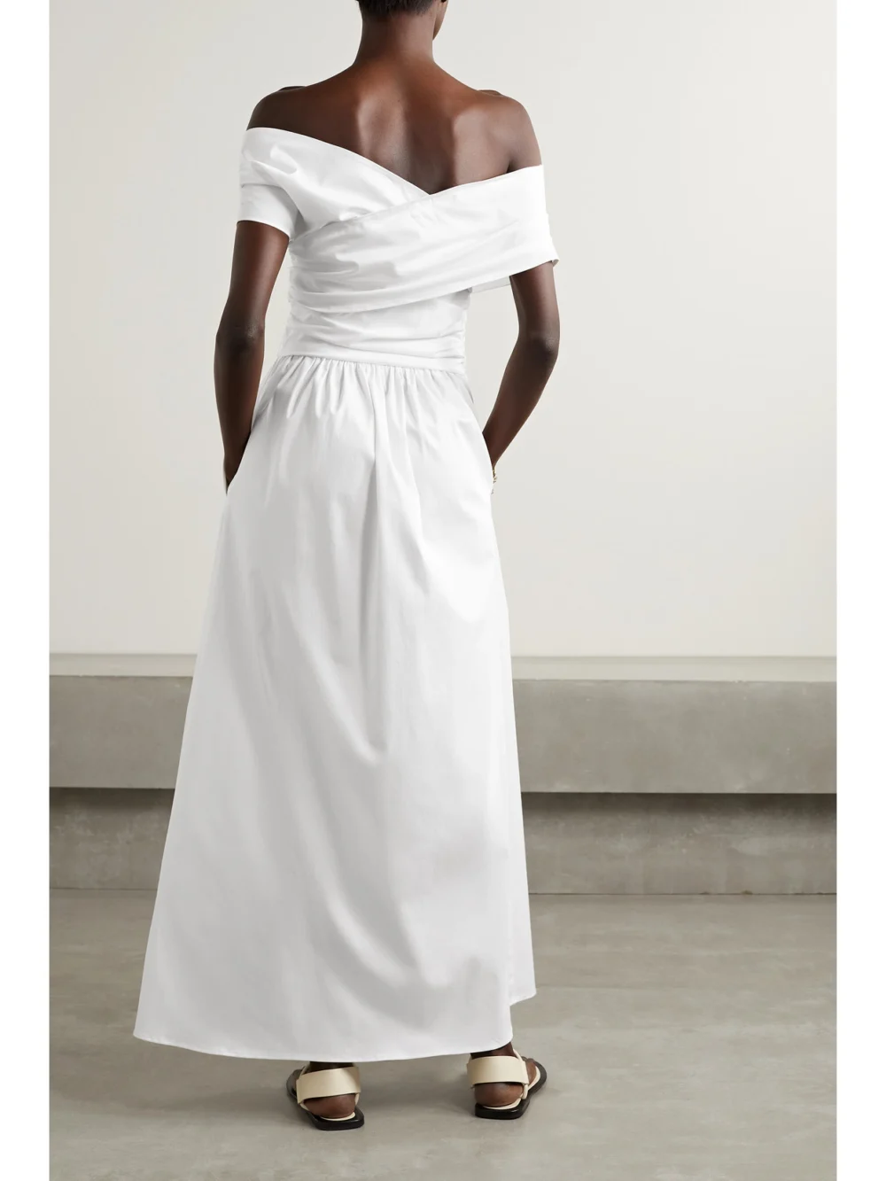 Back view of the Altuzarra Corfu Off-the-shoulder Gathered Cotton-blend Poplin Maxi Dress
