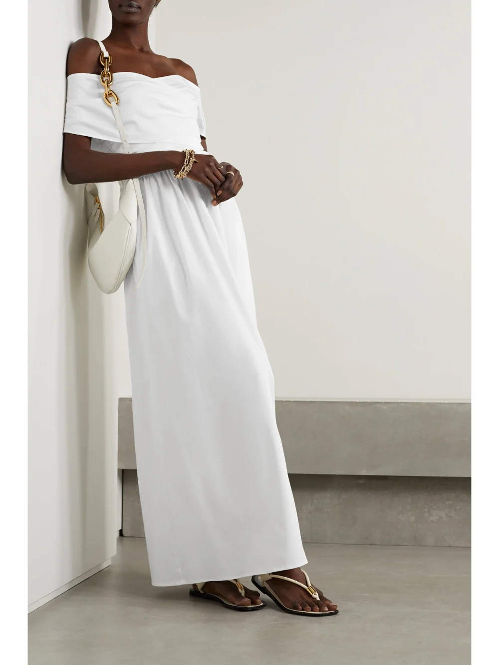 Altuzarra Corfu Off-the-shoulder Gathered Cotton-blend Poplin Maxi Dress, worn by a model