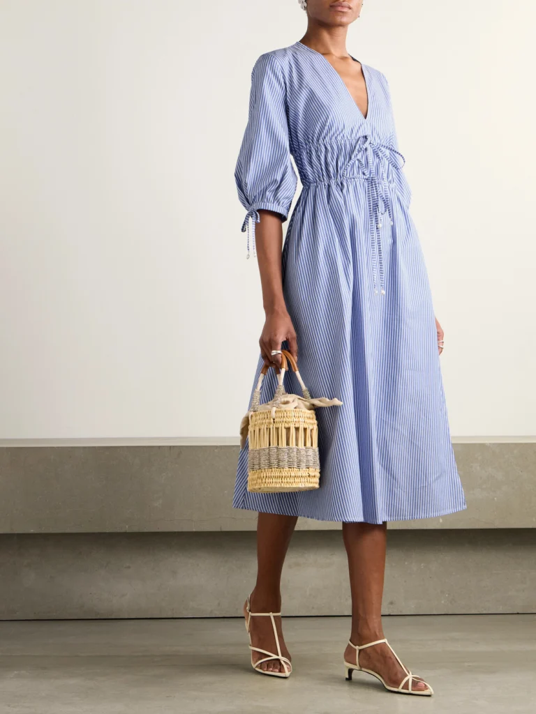 Altuzarra Donrine Faux Pearl-embellished Tie-detailed Striped Cotton Midi Dress